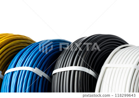 Four Spools of Electrical Wire in Yellow, Blue, Black, and White Colors: A Close-Up Photo of Four Spools of Electrical Wire, Each Wound in a Different Color. Four Spools of Electrical Wire in Yellow, Blue, Black, and White Colors: A Close-Up Photo of Four Spools of Electrical Wire, Each Wound in a Different Color. 118299643