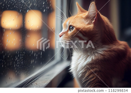 A cat looking through the window in a rainy evening, generative ai 118299834