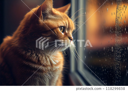 A cat looking through the window in a rainy evening, generative ai 118299838