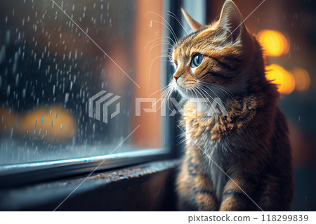 A cat looking through the window in a rainy evening, generative ai 118299839