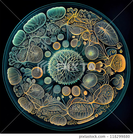 Human cells under microscope, illustration 118299880