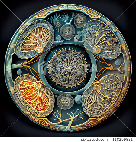 Human cells under microscope, illustration 118299881