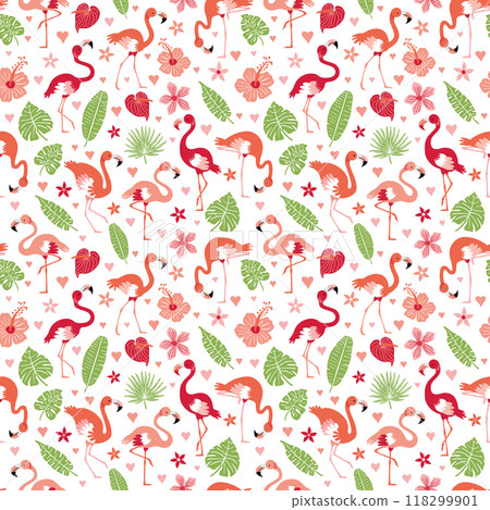 Pattern with pink flamingos and tropical leaves on a white background. Pink flamingo in flat style. Seamless pattern for textile, wrapping paper, background. 118299901