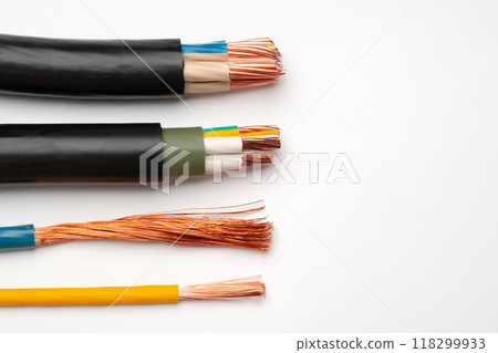 Various Electrical Wires With Exposed Copper Strands on White Background Various Electrical Wires With Exposed Copper Strands on White Background 118299933