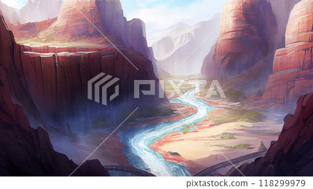 A breathtaking view of a canyon or gorge with towering cliffs on both sides and a river running through the bottom, generative ai illustration 118299979