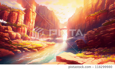 A breathtaking view of a canyon or gorge with towering cliffs on both sides and a river running through the bottom, generative ai illustration 118299980