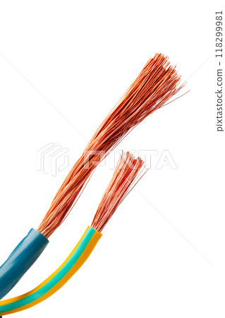 Various Electrical Wires With Exposed Copper Strands on White Background 118299981