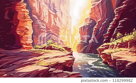 A breathtaking view of a canyon or gorge with towering cliffs on both sides and a river running through the bottom, generative ai illustration 118299982