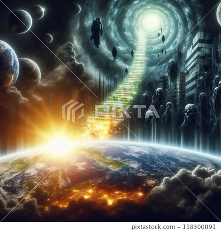 Earth ascending with human souls through a portal from destructive polluted dimension behind 118300091