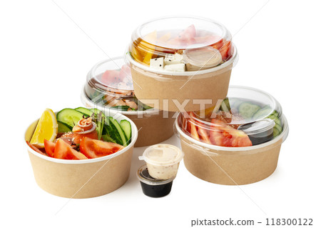 Tasty take out poke bowls isolated on white background Tasty take out poke bowls isolated on white background 118300122