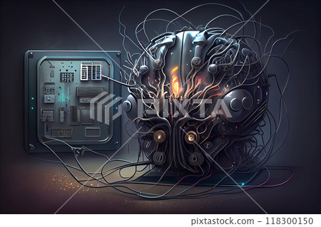 Concept of artificial intelligence. Human brain connected to electronic microcircuits, generative ai illustration 118300150