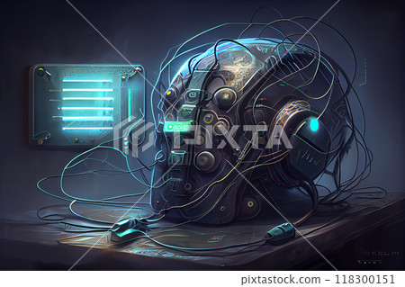 Concept of artificial intelligence. Human brain connected to electronic microcircuits, generative ai illustration Concept of artificial intelligence. Human brain connected to electronic microcircuits, generative ai illustration 118300151