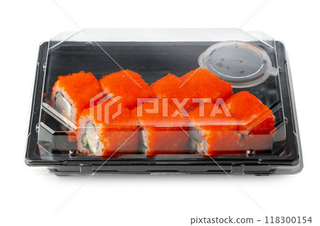 Take out packed sushi roll isolated on white Take out packed sushi roll isolated on white 118300154