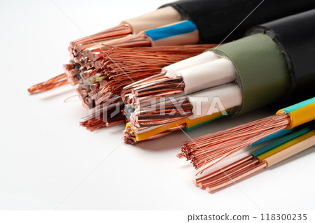 Various Electrical Wires With Exposed Copper Strands on White Background 118300235