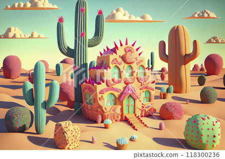 Fantasy cartoon cactuses town in a desert, illustration 118300236