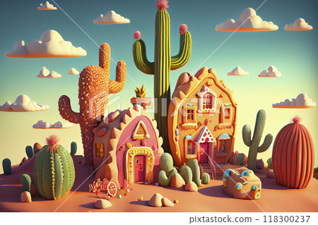 Fantasy cartoon cactuses town in a desert, illustration Fantasy cartoon cactuses town in a desert, illustration 118300237