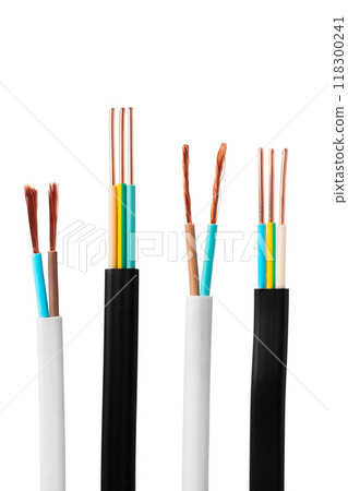Various Electrical Wires With Exposed Copper Strands on White Background 118300241