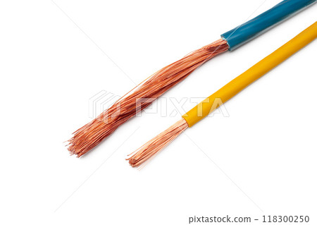 Various Electrical Wires With Exposed Copper Strands on White Background 118300250