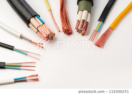 Various Copper Electrical Wires Isolated on White Background Various Copper Electrical Wires Isolated on White Background 118300251