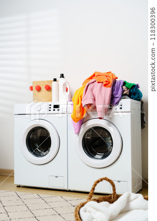 Modern Laundry Room With White Appliances and Greenery 118300396