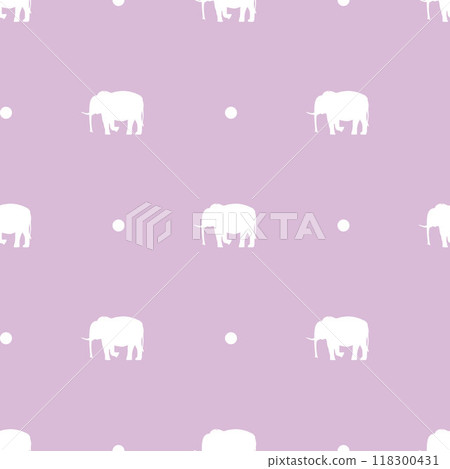 Seamless pattern with silhouettes of elephants and large dots on pale pink background 118300431