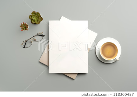 Cozy Workspace With Notepad, Pen, Glasses, and Coffee on Minimalist Desk 118300487