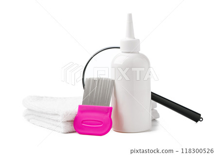 Cosmetic products, lice comb and magnifying glass isolated on white Cosmetic products, lice comb and magnifying glass isolated on white 118300526
