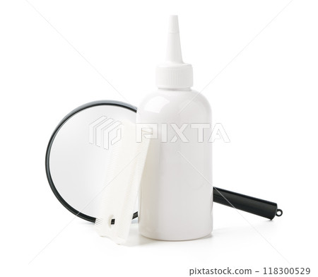 Medicine, lice comb and magnifying glass isolated on white Medicine, lice comb and magnifying glass isolated on white 118300529