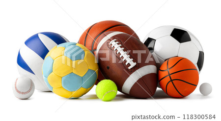 Assorted sports equipment isolated on white background Assorted sports equipment isolated on white background 118300584
