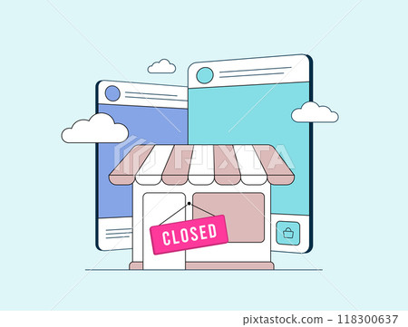 Offline to Online - O2O e-commerce business concept illustration. On the smartphone screen, image of the offline store building, as a metaphor for moving a business from offline to online Offline to Online - O2O e-commerce business concept illustration. On the smartphone screen, image of the offline store building, as a metaphor for moving a business from offline to online 118300637