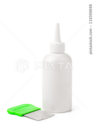 Cosmetic products and lice comb isolated on white background Cosmetic products and lice comb isolated on white background 118300698