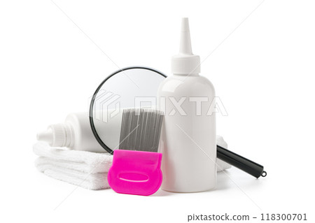 Cosmetic products, lice comb and magnifying glass isolated on white Cosmetic products, lice comb and magnifying glass isolated on white 118300701