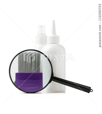 Cosmetic products, lice comb and magnifying glass isolated on white Cosmetic products, lice comb and magnifying glass isolated on white 118300703