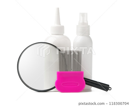 Medicine, lice comb and magnifying glass isolated on white Medicine, lice comb and magnifying glass isolated on white 118300704