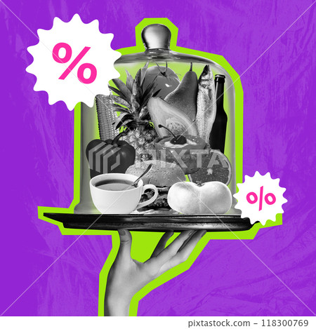 Poster. Contemporary art collage. Serving tray held by hand topped with glass dome filled with food item percentage signs float around against purple background. 118300769