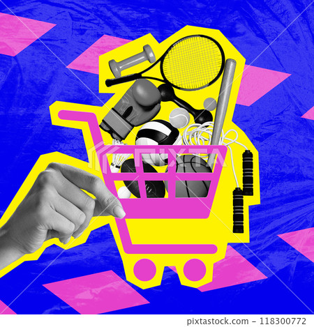 Poster. Contemporary art collage. Shopping basket brimming with sports equipment held up by hand highlighted yellow against blue backdrop. 118300772