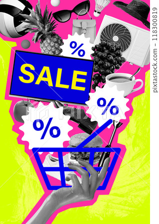 Poster. Contemporary art collage. Beautifully wrapped gifts in bold colors and sparkling ribbons filling up cart, each box holding delightful surprise. Poster. Contemporary art collage. Beautifully wrapped gifts in bold colors and sparkling ribbons filling up cart, each box holding delightful surprise. 118300819