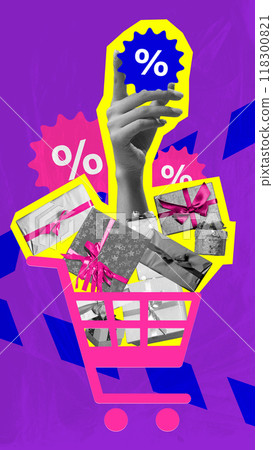 Poster. Contemporary art collage. Shoes, hats, and stylish outerwear ready for cart. Elevate your wardrobe with trendy finds at unbeatable prices. Poster. Contemporary art collage. Shoes, hats, and stylish outerwear ready for cart. Elevate your wardrobe with trendy finds at unbeatable prices. 118300821