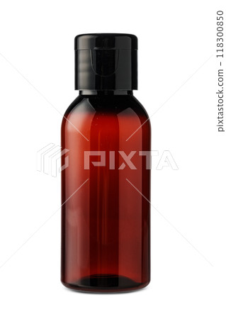Dark amber plastic bottle with black cap suitable for beauty or personal care products 118300850
