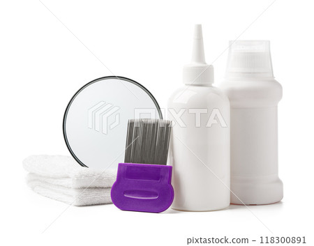 Cosmetic products, lice comb and magnifying glass isolated on white 118300891