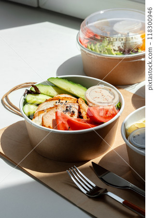 Take out poke bowl with craft bag on white background Take out poke bowl with craft bag on white background 118300946