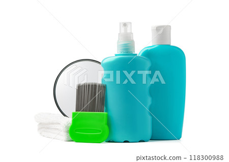 Cosmetic products, lice comb and magnifying glass isolated on white Cosmetic products, lice comb and magnifying glass isolated on white 118300988