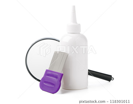 Medicine, lice comb and magnifying glass isolated on white Medicine, lice comb and magnifying glass isolated on white 118301011