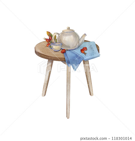 Watercolor wooden table with a ceramic teapot, teacup, rose hips, and a blue napkin. Illustration tea time. Cozy kitchen decor. Ideal for tea-theme design, kitchen decor, and rustic-style projects. Watercolor wooden table with a ceramic teapot, teacup, rose hips, and a blue napkin. Illustration tea time. Cozy kitchen decor. Ideal for tea-theme design, kitchen decor, and rustic-style projects. 118301014