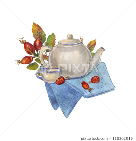 Watercolor a ceramic teapot, teacup, rose hips, and a blue napkin. Illustration tea time. Cozy decor. English breakfast, vintage style. Ideal for tea-theme design, kitchen decor, rustic-style project Watercolor a ceramic teapot, teacup, rose hips, and a blue napkin. Illustration tea time. Cozy decor. English breakfast, vintage style. Ideal for tea-theme design, kitchen decor, rustic-style project 118301016