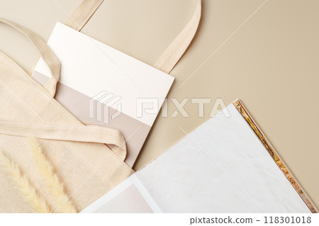 Stack of paper and fabric bag, blank objects for placing your design Stack of paper and fabric bag, blank objects for placing your design 118301018