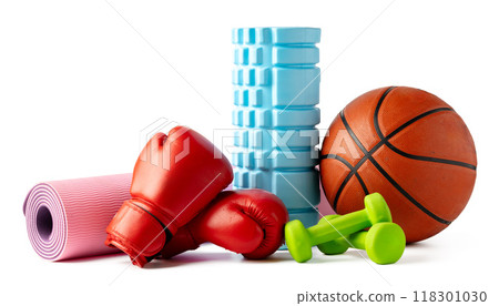 Assorted sports equipment isolated on white background Assorted sports equipment isolated on white background 118301030
