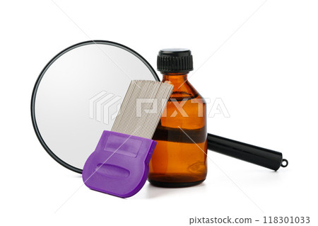 Cosmetic products, lice comb and magnifying glass isolated on white Cosmetic products, lice comb and magnifying glass isolated on white 118301033