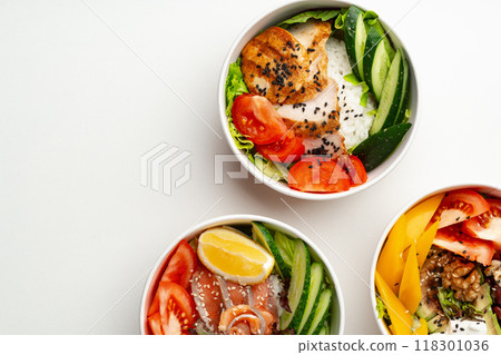 Tasty take out poke bowls isolated on white background 118301036