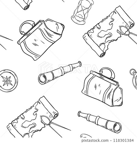 Compass, spyglass, map, carpet bag black and white vector graphic seamless pattern. Repeating background for boys adventure print. Monochrome vintage travel print in line art hand drawn 118301384
